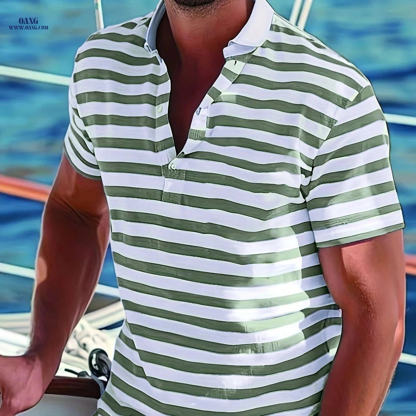 Men's Short-Sleeve Polo Shirt - Print Stripes for Casual Summer Style   OAXG 