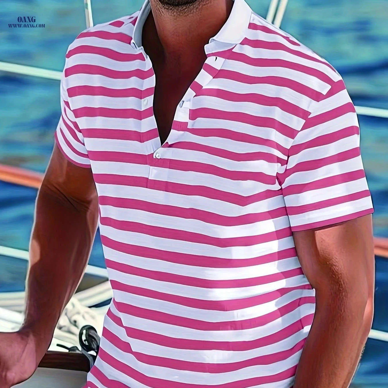Men's Short-Sleeve Polo Shirt - Print Stripes for Casual Summer Style   OAXG 