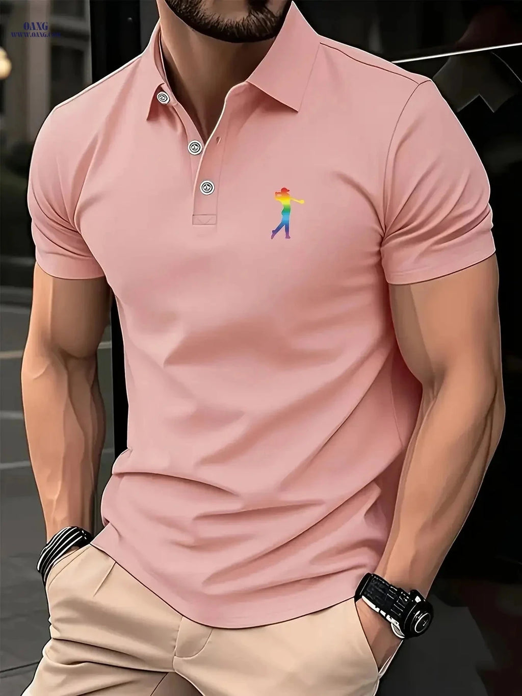 Men's Short-Sleeve Printed Golf Shirt - Casual Summer Style, 100% Polyester   OAXG 