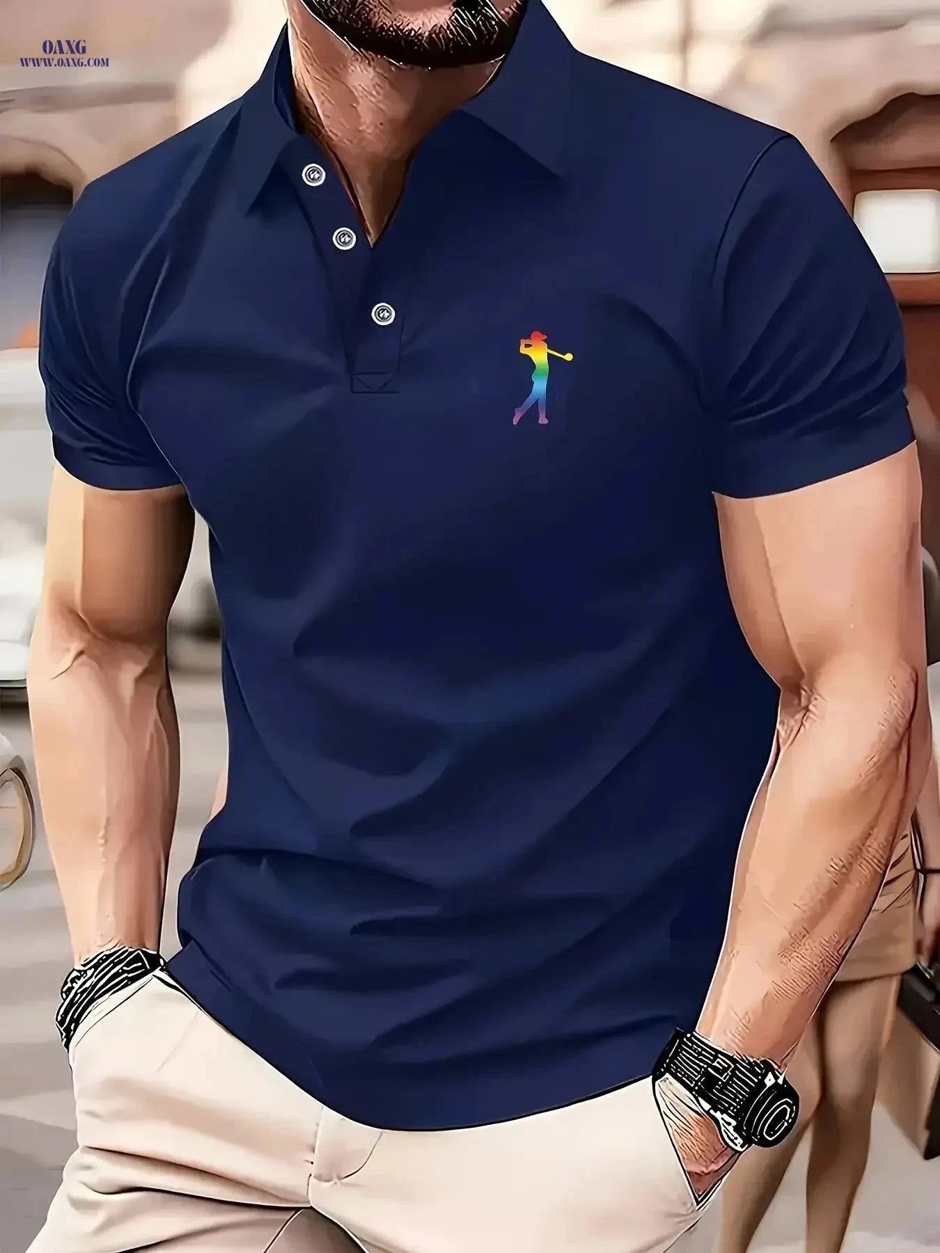 Men's Short-Sleeve Printed Golf Shirt - Casual Summer Style, 100% Polyester   OAXG 