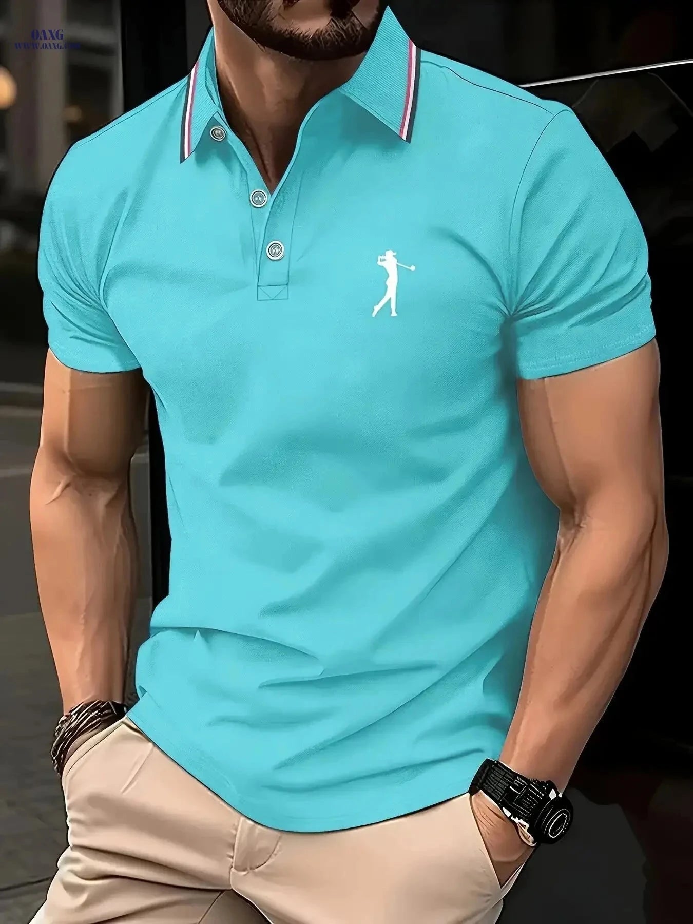 Men's Short-Sleeve Printed Golf Shirt - Casual Summer Style, 100% Polyester   OAXG 