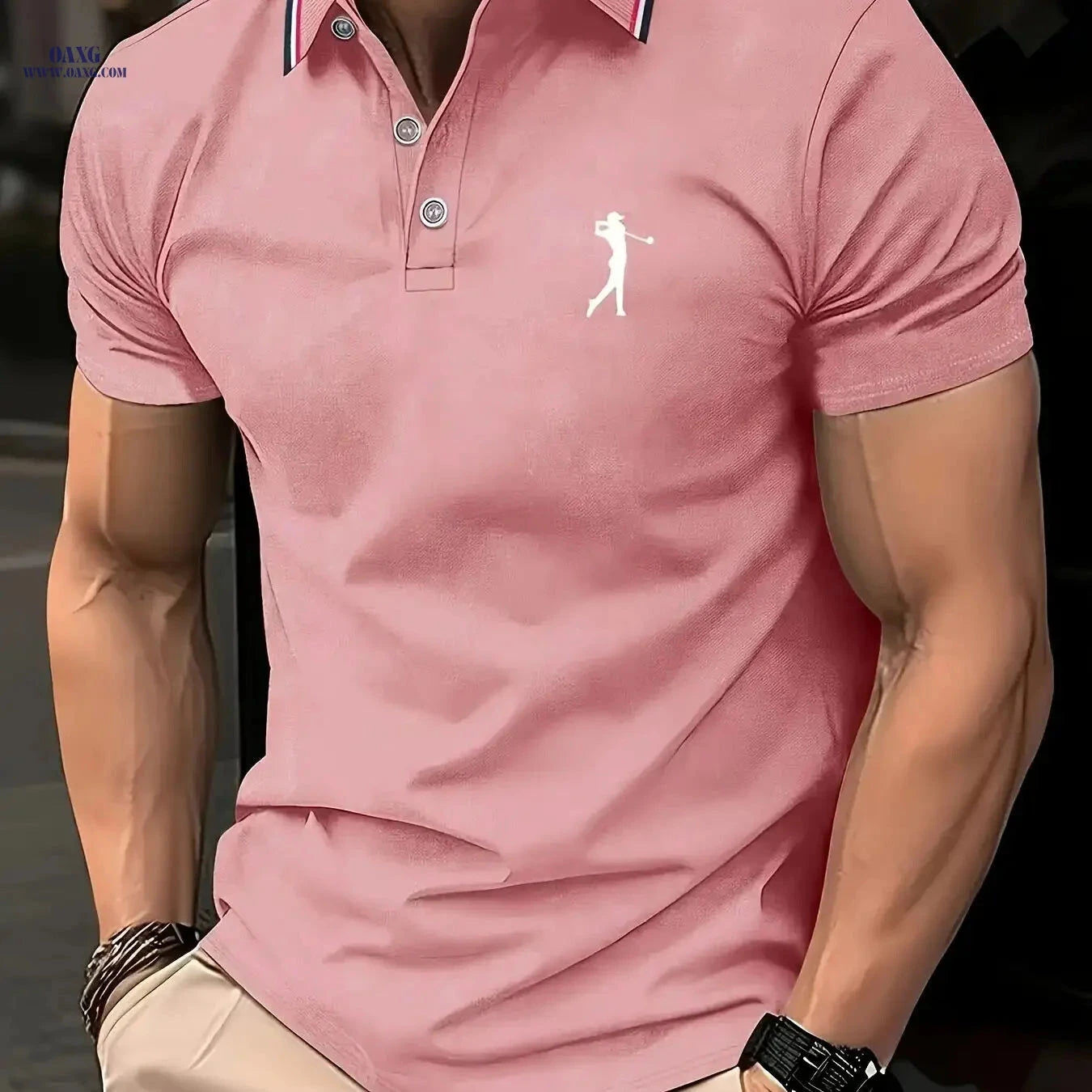 Men's Short-Sleeve Printed Golf Shirt - Casual Summer Style, 100% Polyester   OAXG 