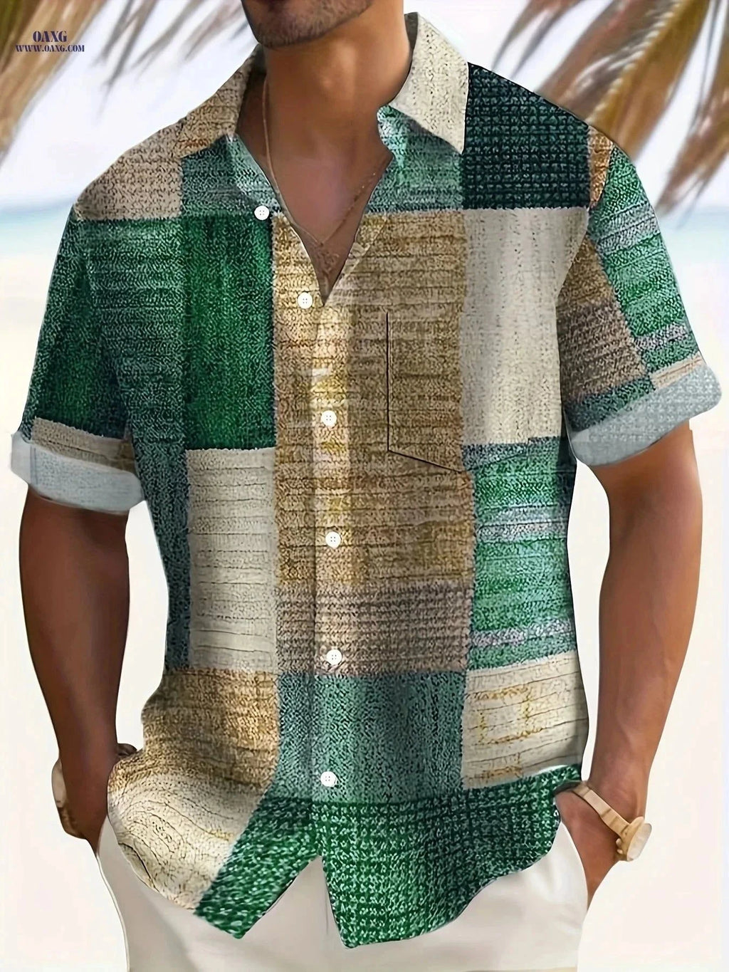 Men's Short-Sleeve Retro Geometric Shirt - Buttoned Pockets, Casual Style   OAXG Grey / FR M
