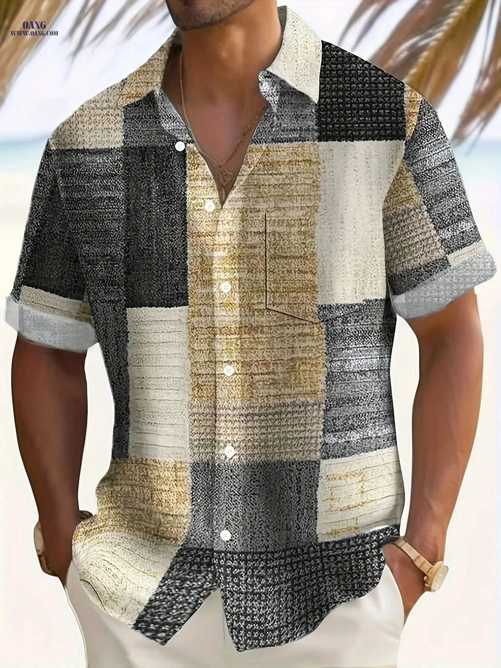 Men's Short-Sleeve Retro Geometric Shirt - Buttoned Pockets, Casual Style   OAXG Grey / FR M