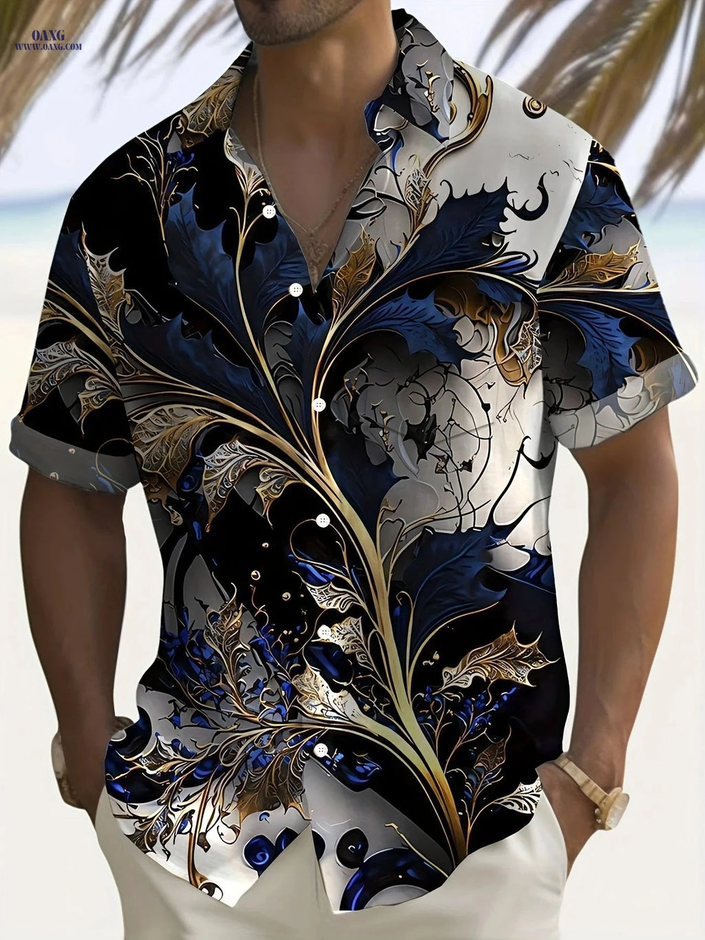 Men's Short-Sleeve Shirt - Vintage 3D Floral Print with Pocket   OAXG Royal Blue / FR S
