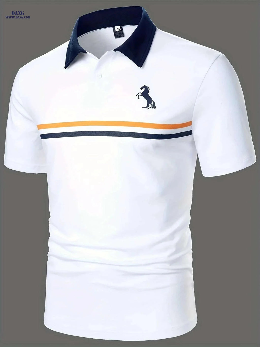 Men's Short Sleeve Shirt - White & Navy, Black Horse Logo Print   OAXG 