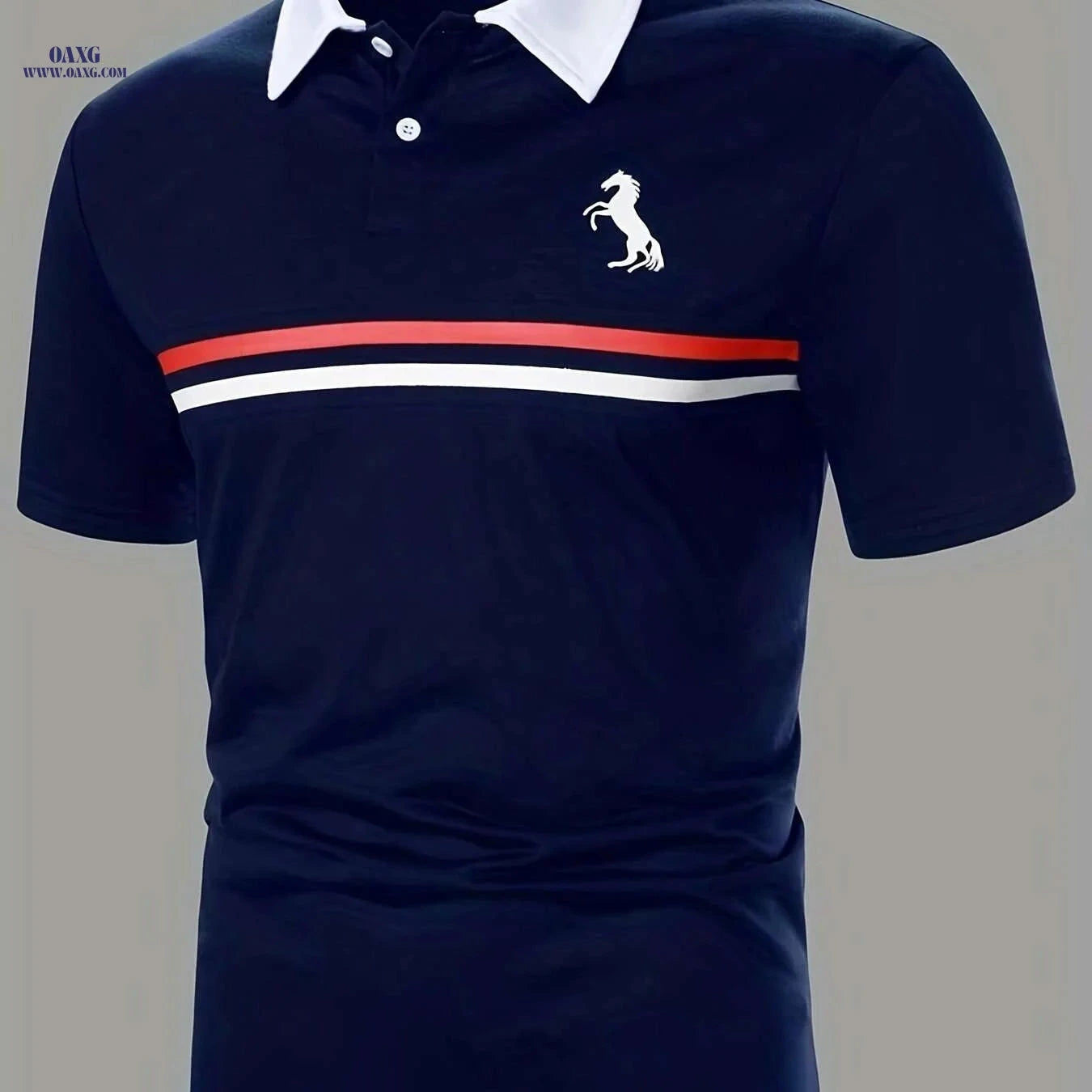 Men's Short Sleeve Shirt - White & Navy, Black Horse Logo Print   OAXG 
