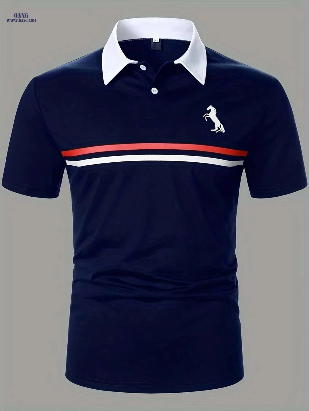 Men's Short Sleeve Shirt - White & Navy, Black Horse Logo Print   OAXG Navy Blue / S