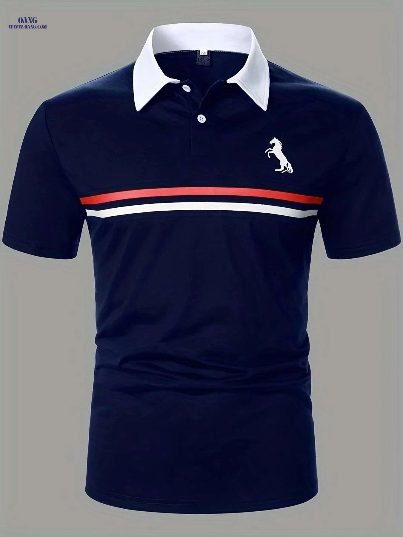 Men's Short Sleeve Shirt - White & Navy, Black Horse Logo Print   OAXG Navy Blue / S