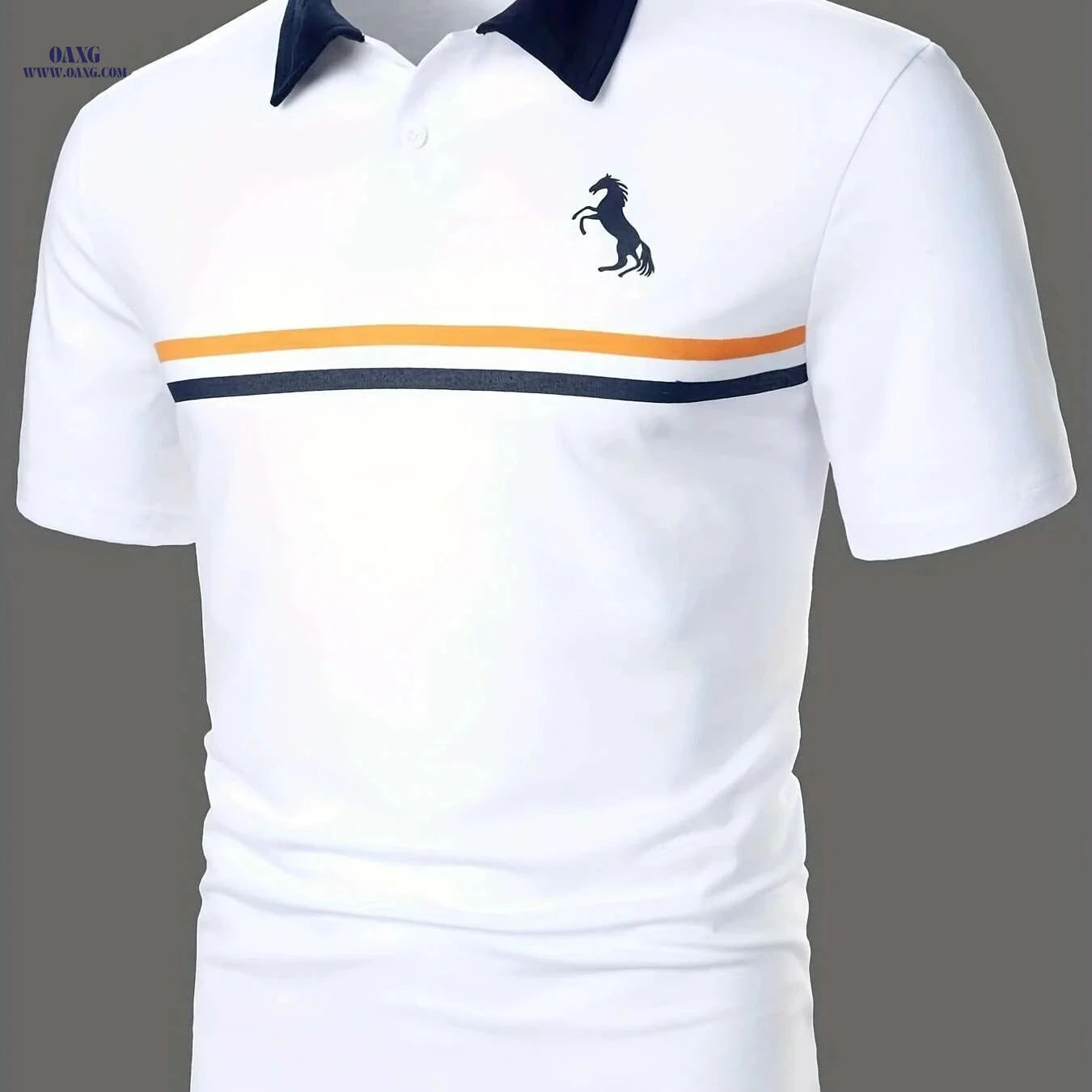 Men's Short Sleeve Shirt - White & Navy, Black Horse Logo Print   OAXG Navy Blue / S