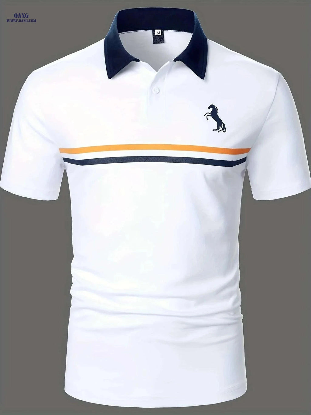 Men's Short Sleeve Shirt - White & Navy, Black Horse Logo Print   OAXG Navy Blue / S