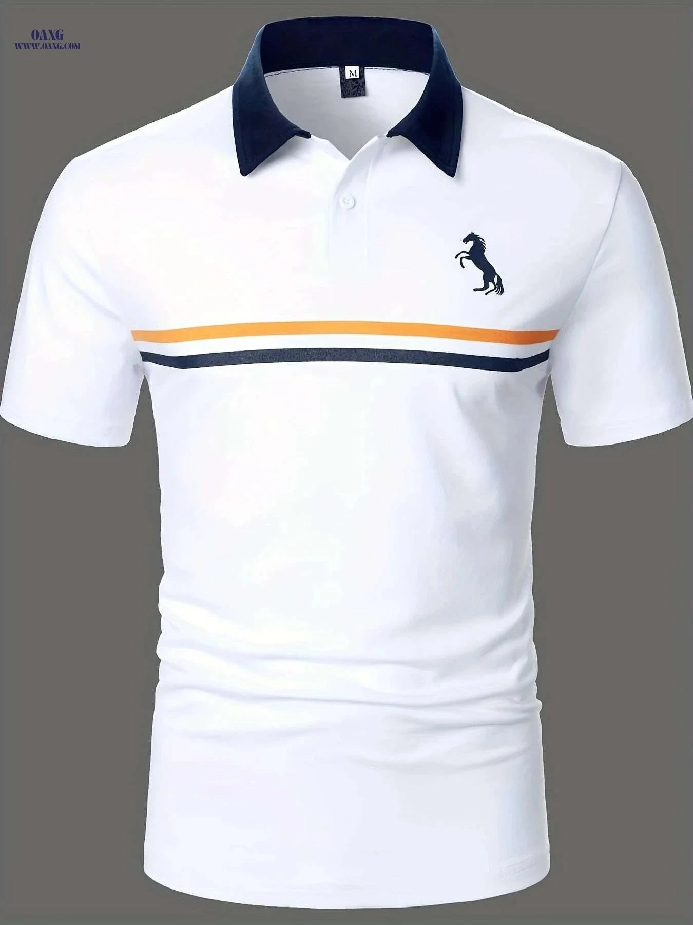 Men's Short Sleeve Shirt - White & Navy, Black Horse Logo Print   OAXG Navy Blue / S