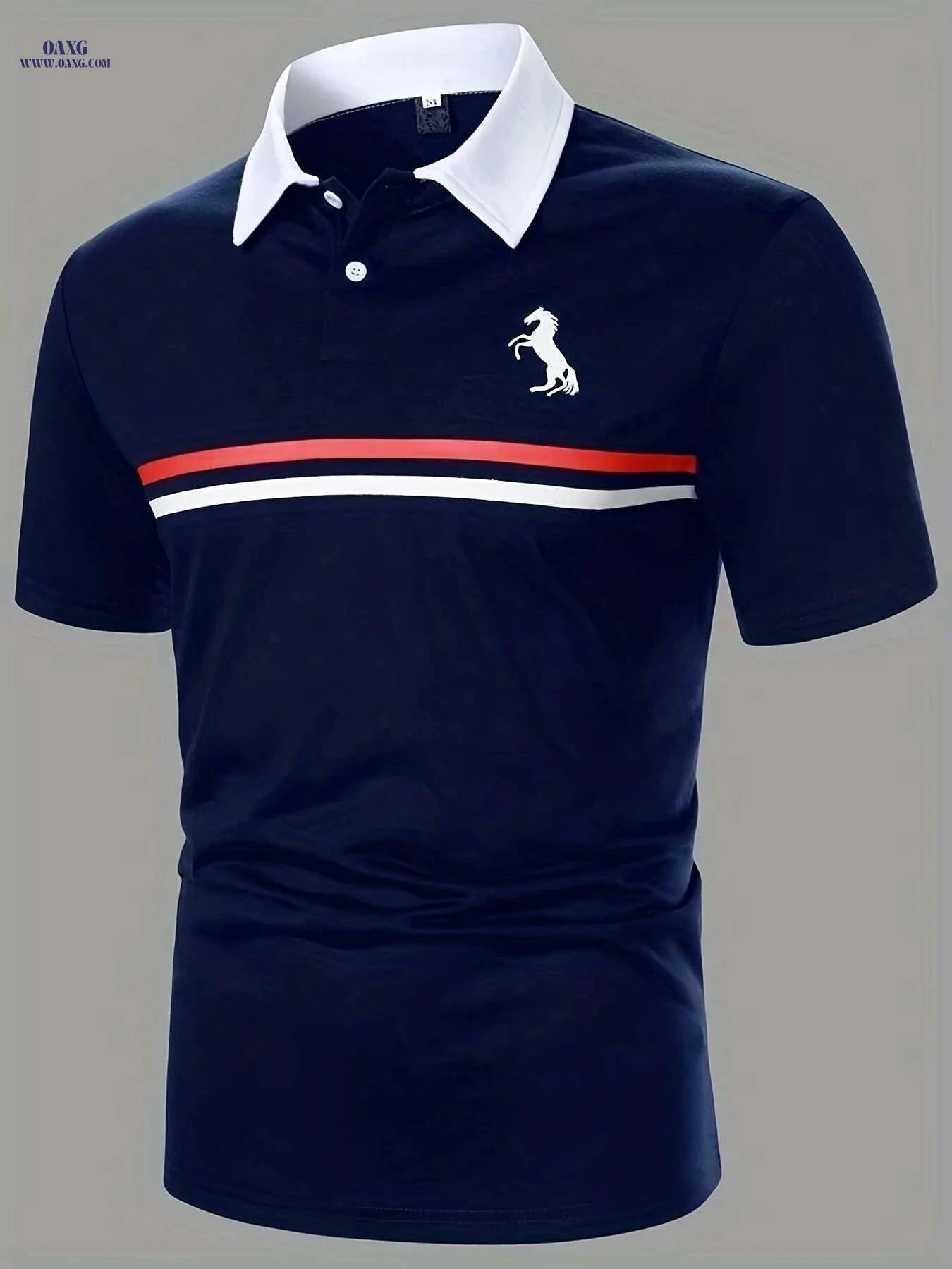 Men's Short Sleeve Shirt - White & Navy, Black Horse Logo Print   OAXG Navy Blue / S