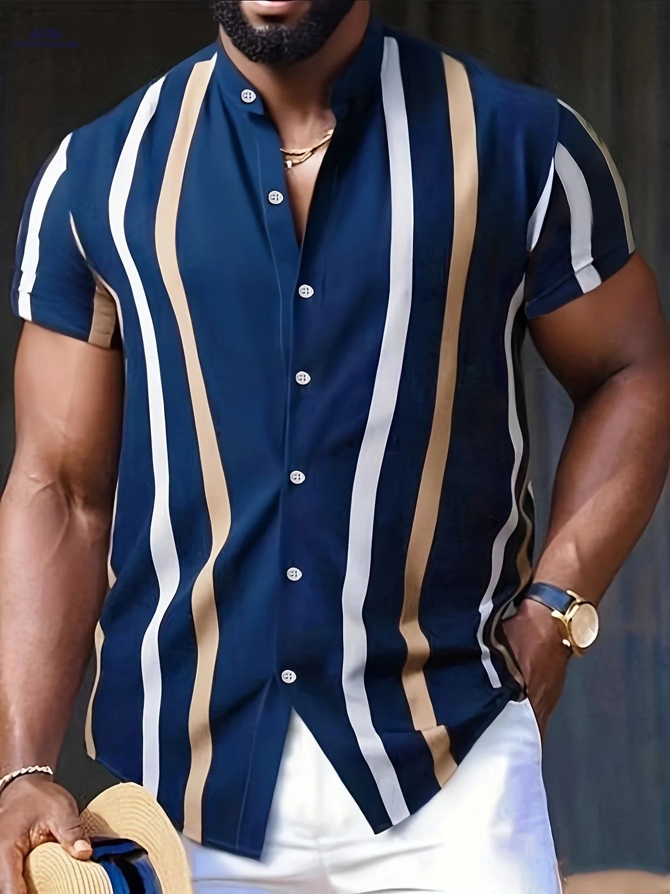 Men's Short-Sleeve Striped Hawaiian Shirt - Casual Summer Top   OAXG 