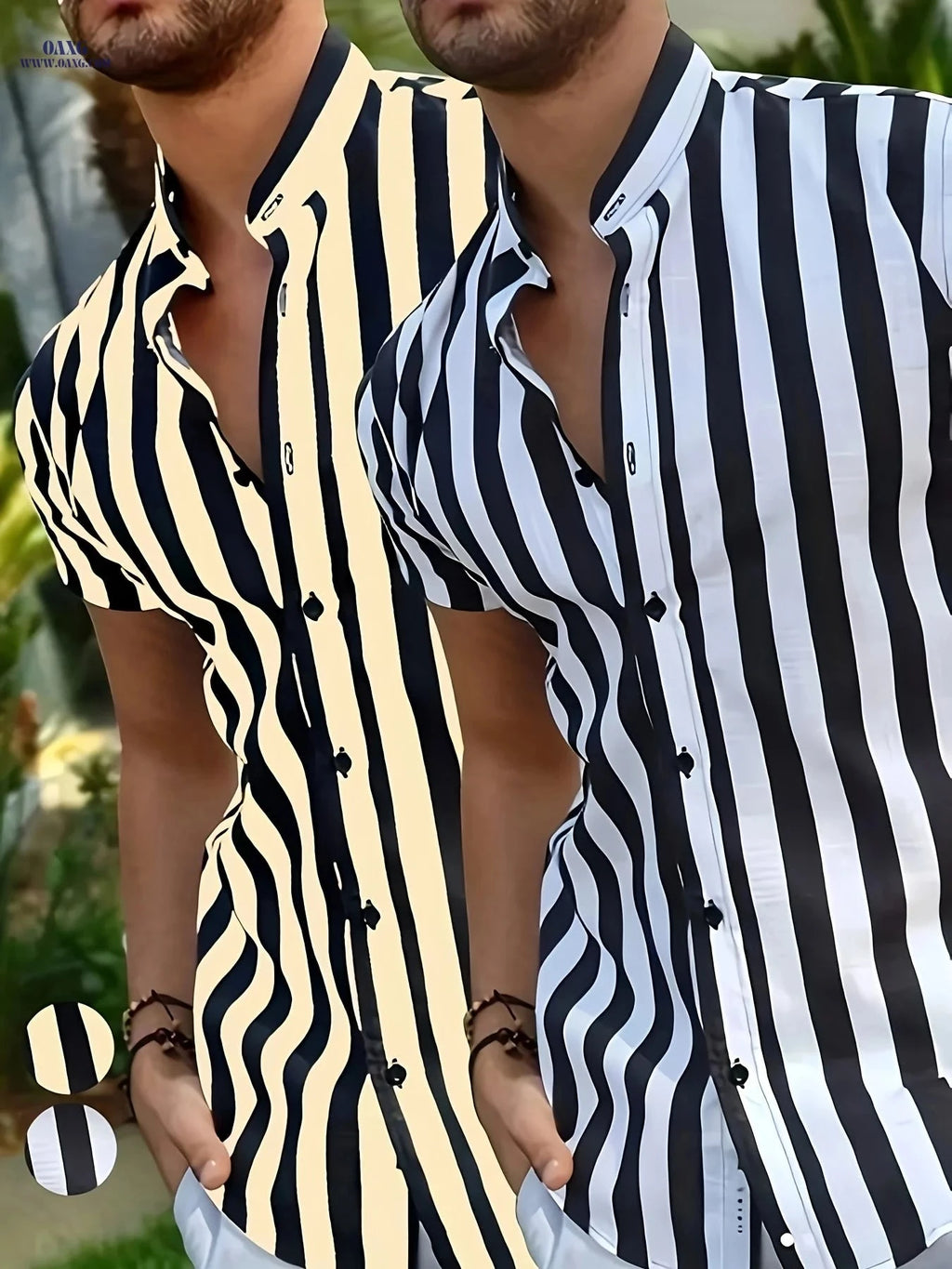 Men's Short-Sleeve Striped Hawaiian Shirt - Casual Summer Top   OAXG 