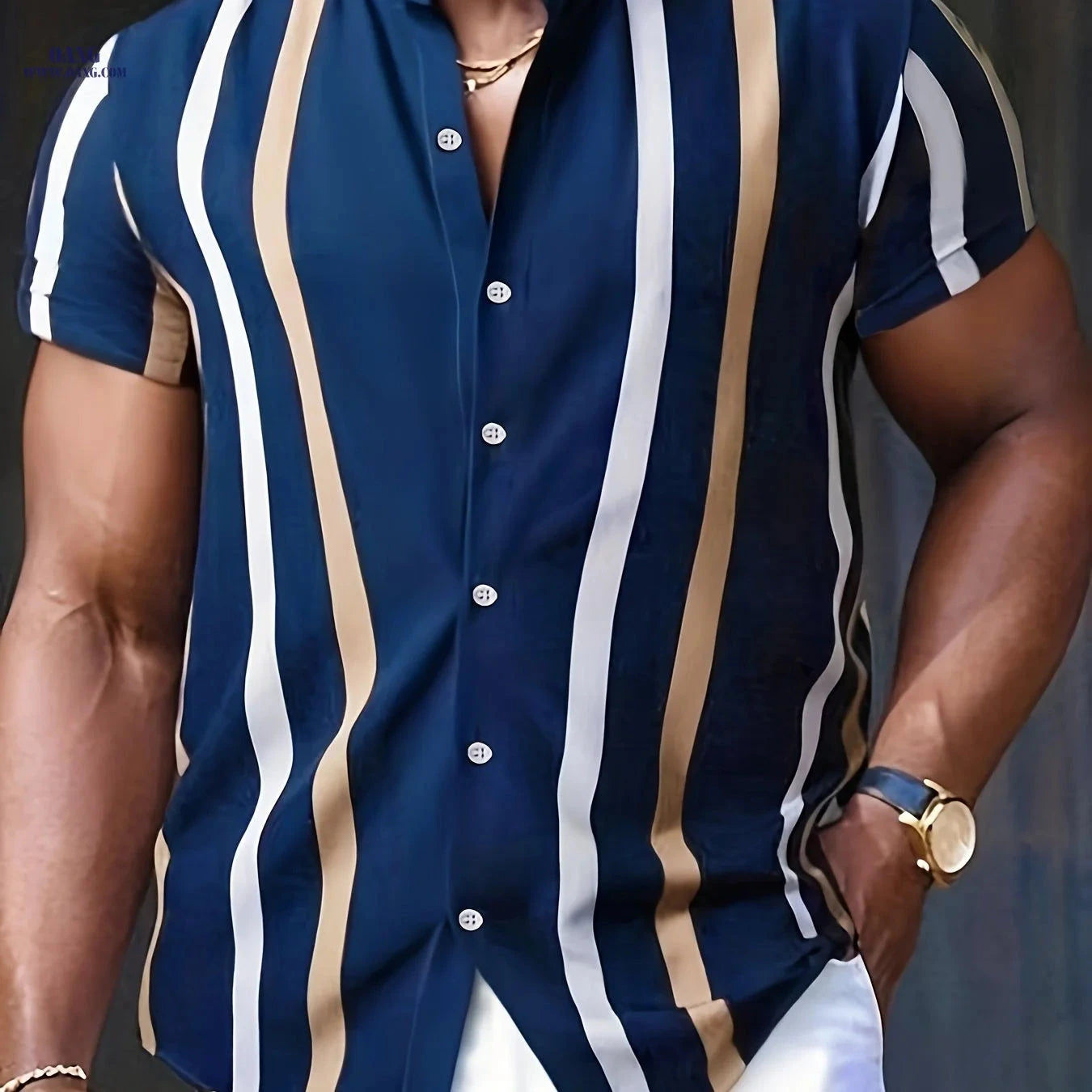 Men's Short-Sleeve Striped Hawaiian Shirt - Casual Summer Top   OAXG Black / FR S
