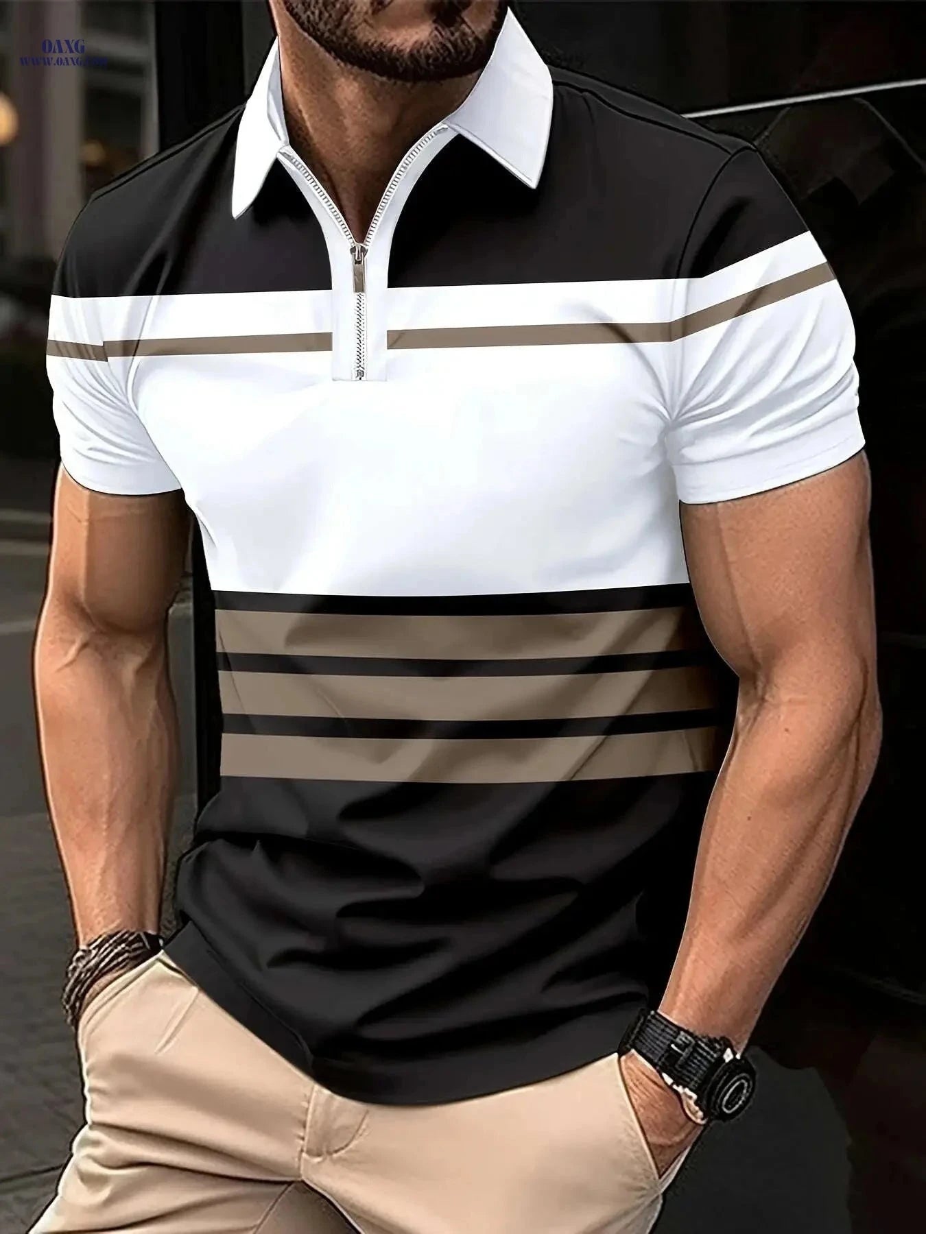 Men's Short-Sleeve Striped Polo Shirt - Summer Street Style   OAXG 