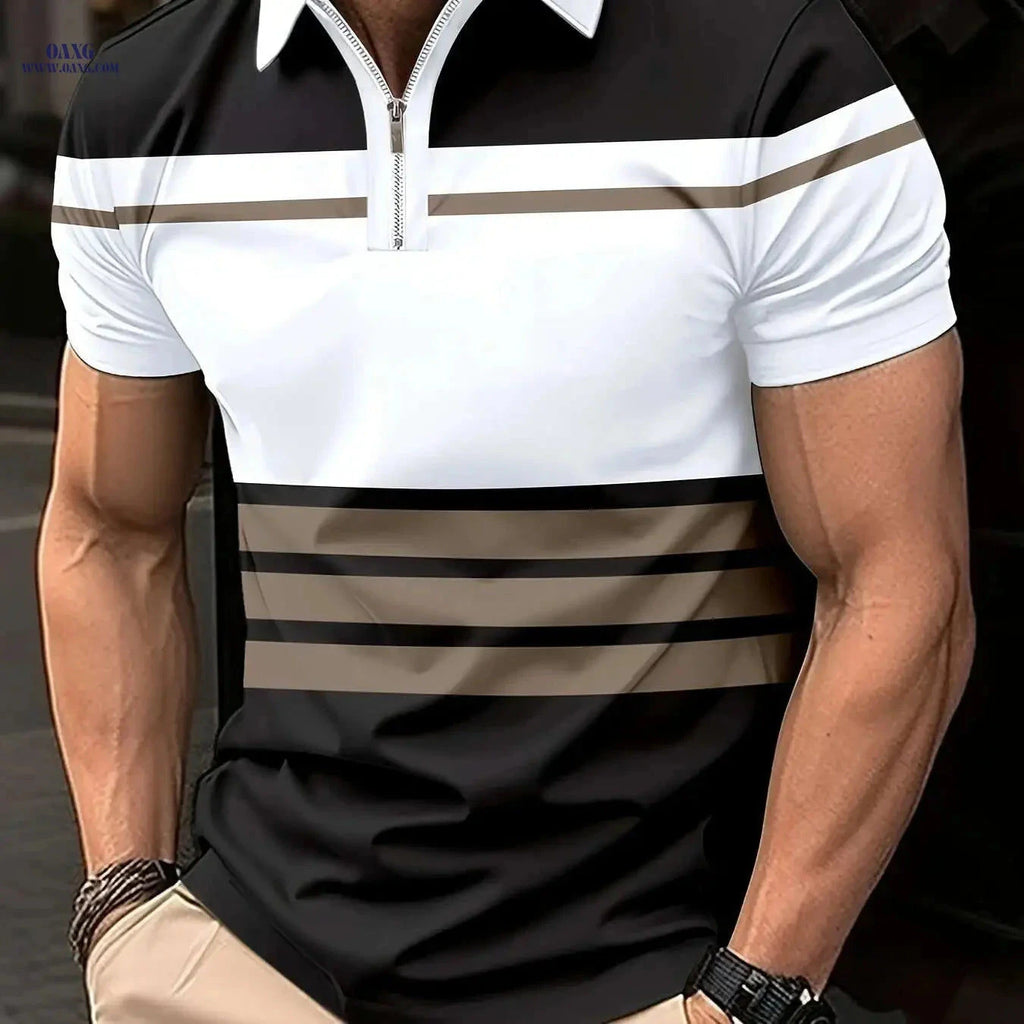 Men's Short-Sleeve Striped Polo Shirt - Summer Street Style   OAXG 