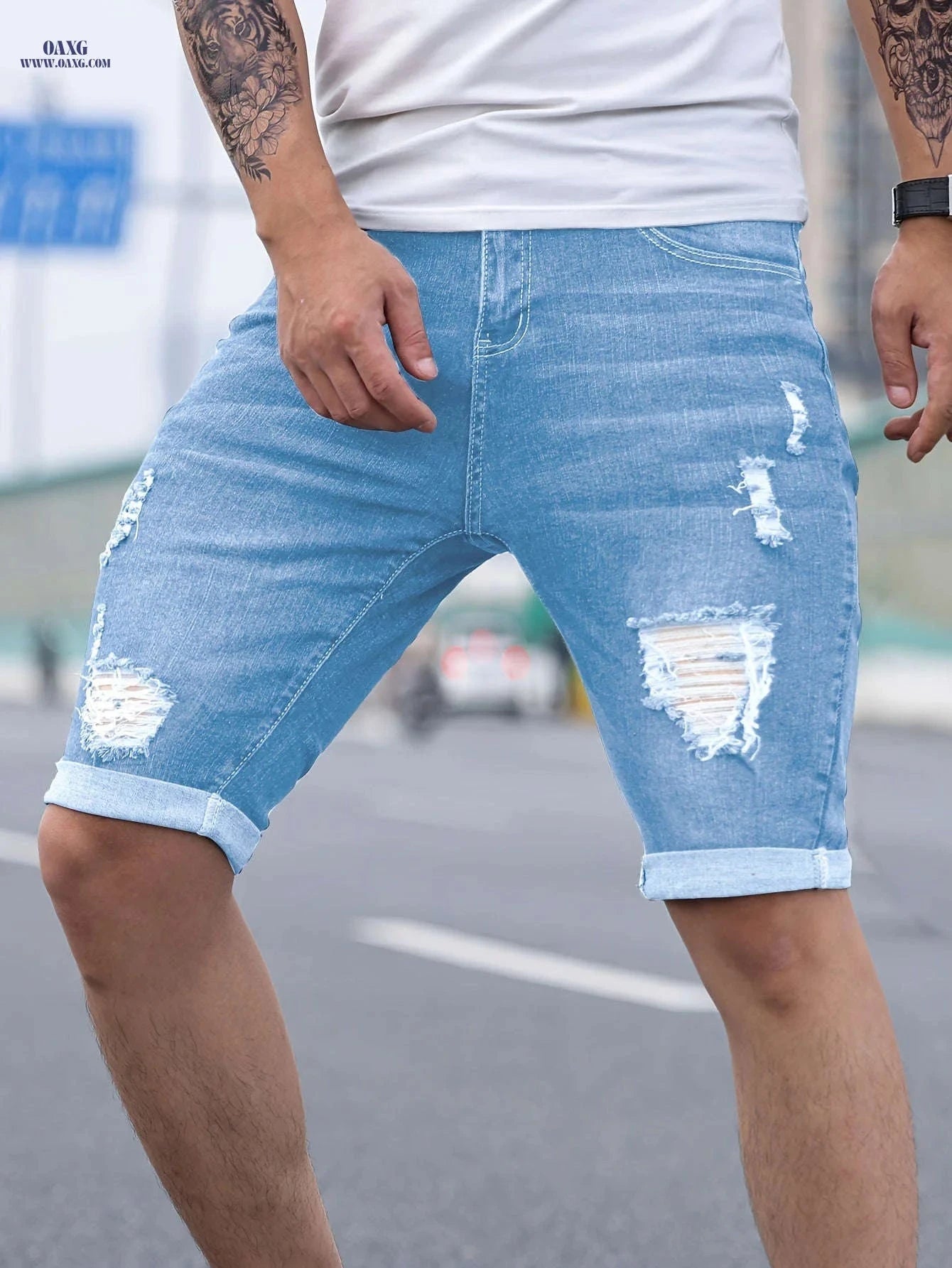 Men's Skinny Denim Shorts - Casual Solid Color with Pocket   OAXG 