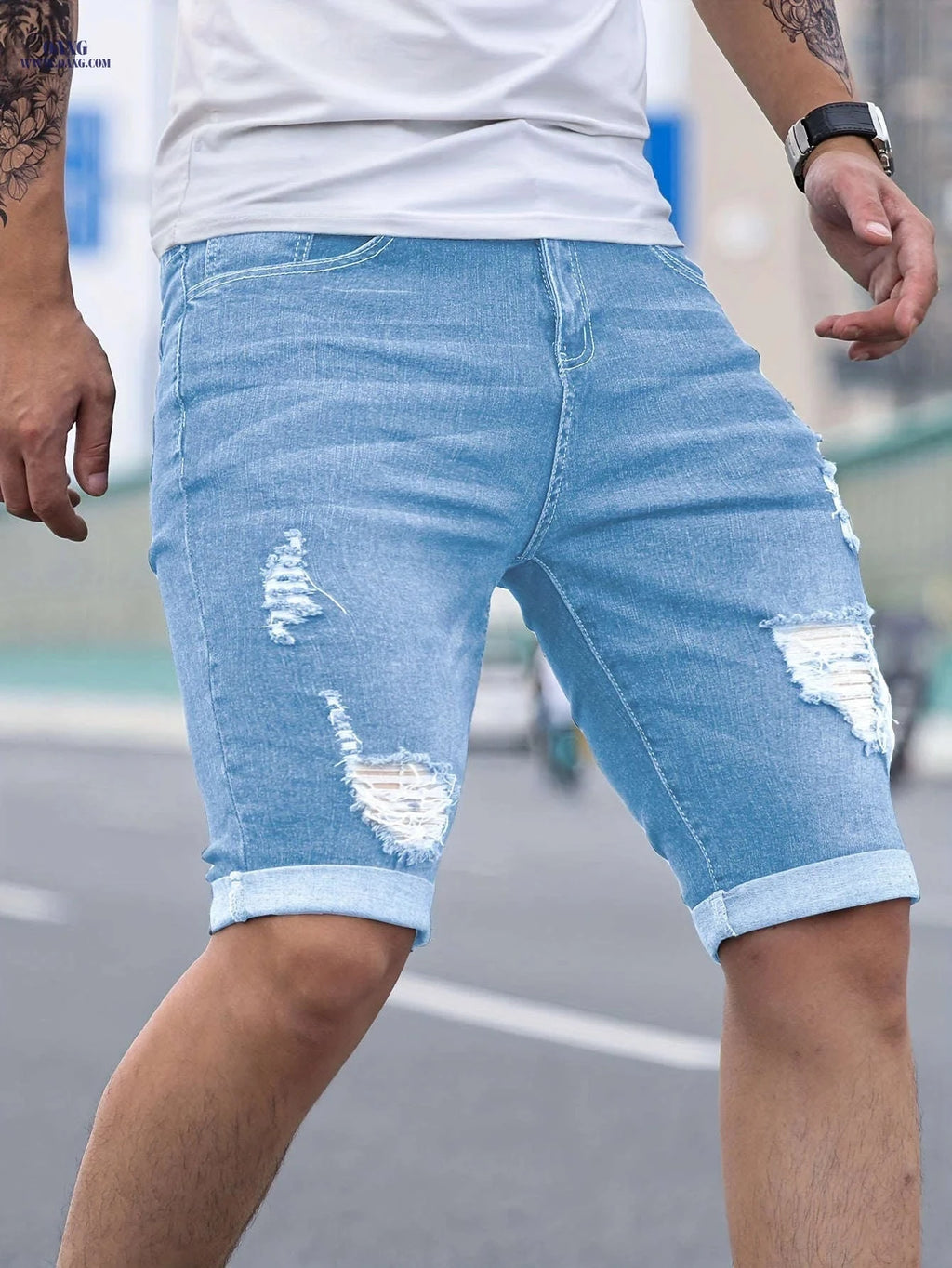 Men's Skinny Denim Shorts - Casual Solid Color with Pocket   OAXG 