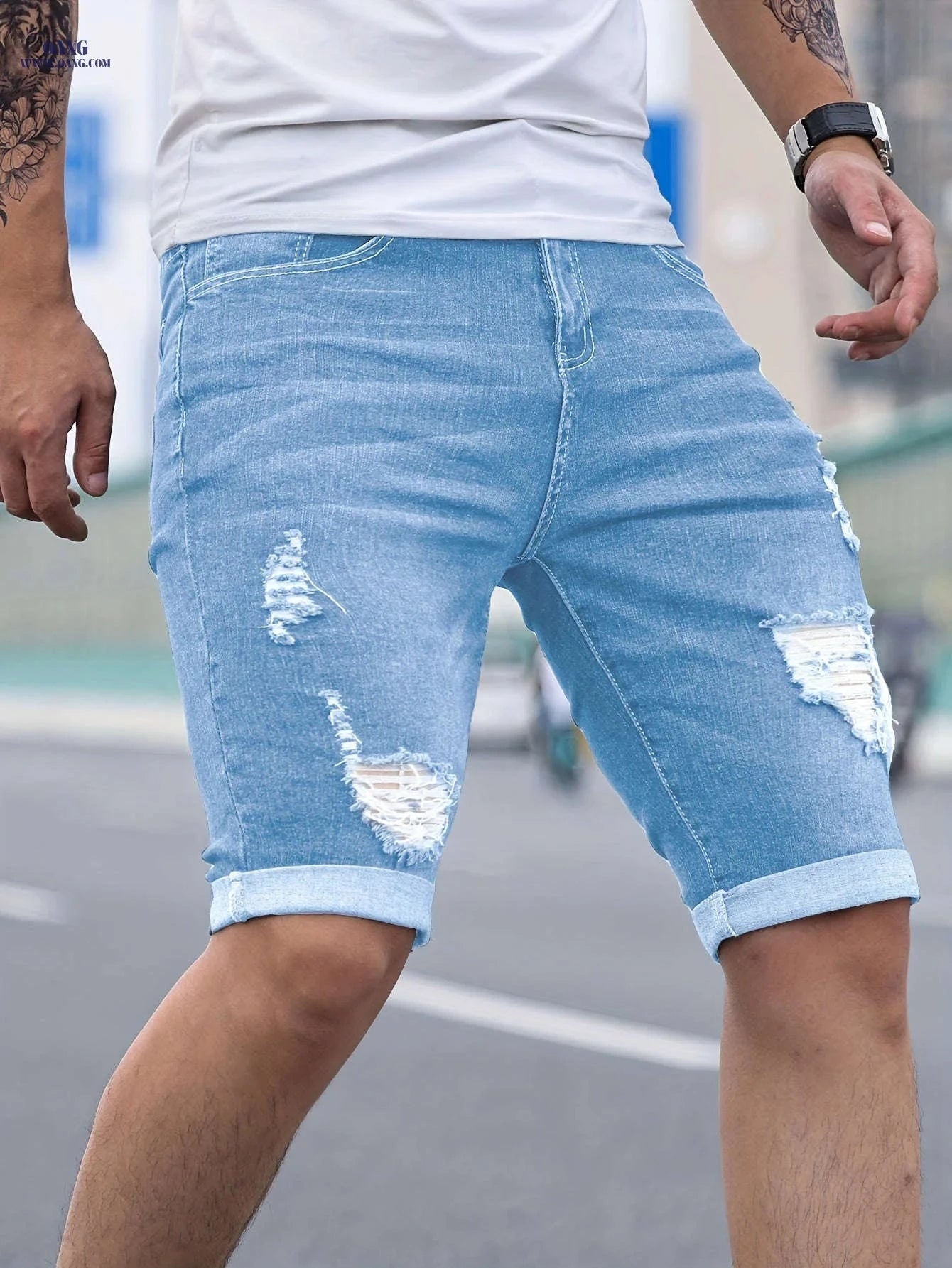 Men's Skinny Denim Shorts - Casual Solid Color with Pocket   OAXG 