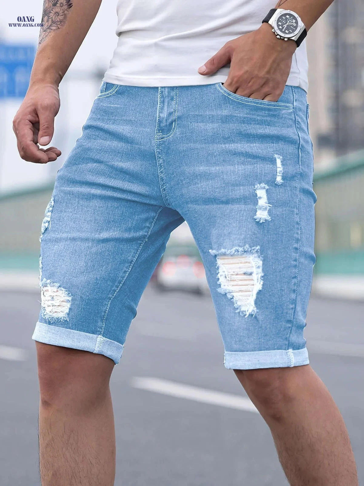 Men's Skinny Denim Shorts - Casual Solid Color with Pocket   OAXG 