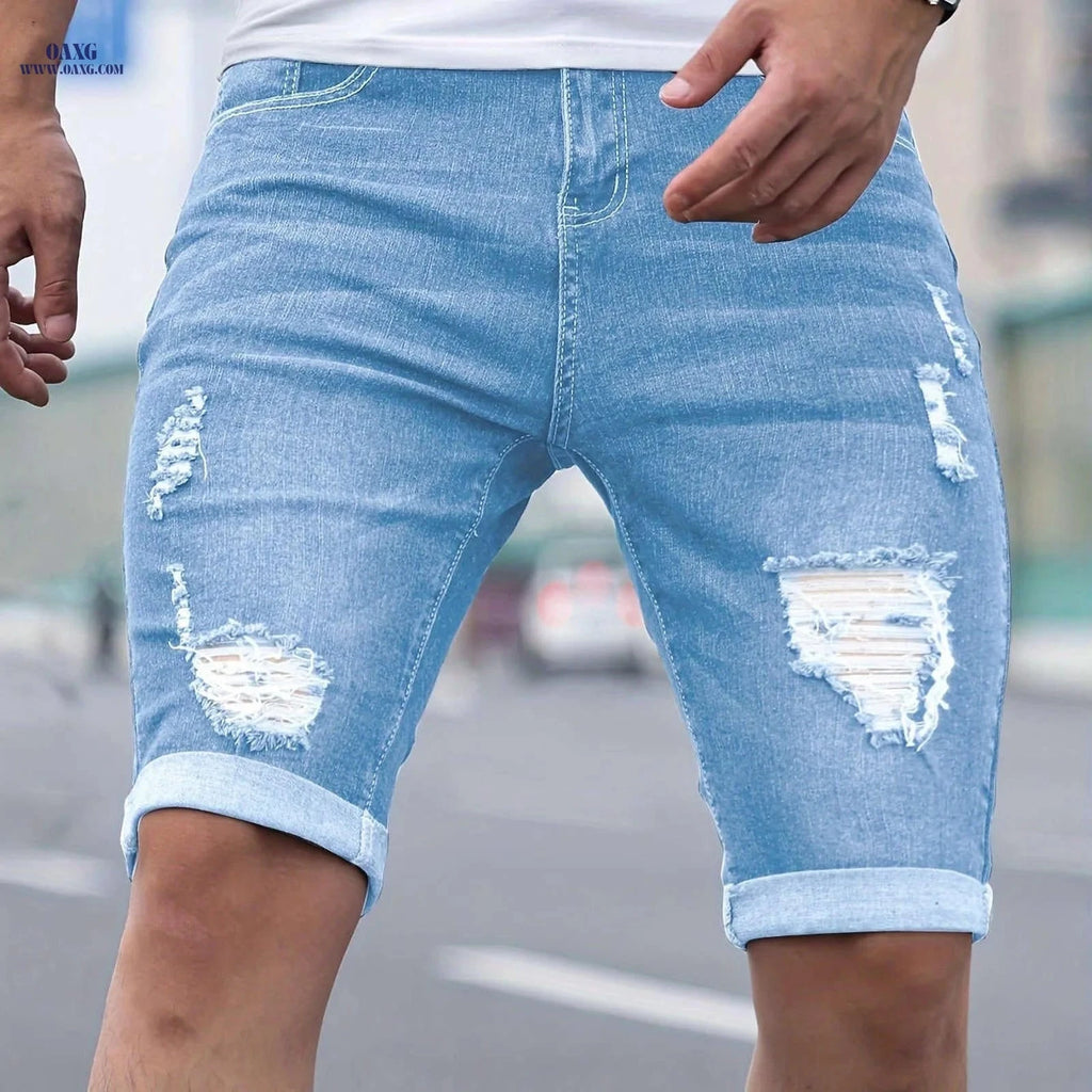 Men's Skinny Denim Shorts - Casual Solid Color with Pocket   OAXG 