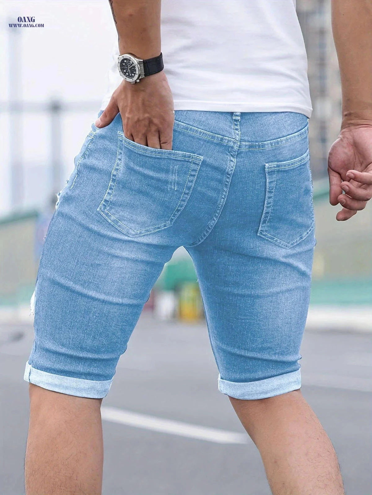 Men's Skinny Denim Shorts - Casual Solid Color with Pocket   OAXG 