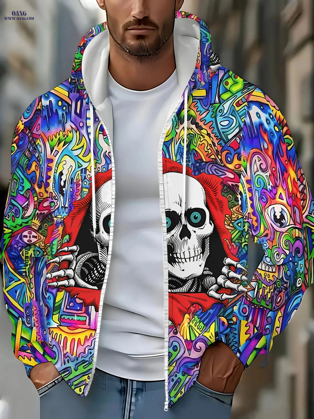 Men's Skull Design Zip-Up Hoodie - Casual Outdoor Jacket for Fall   OAXG 