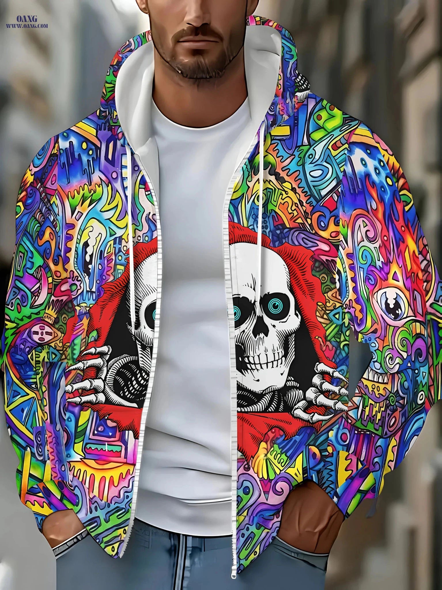 Men's Skull Design Zip-Up Hoodie - Casual Outdoor Jacket for Fall   OAXG 