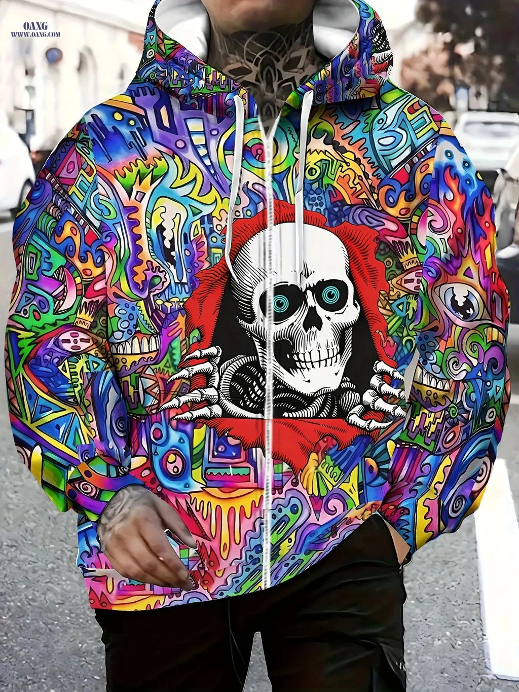 Men's Skull Design Zip-Up Hoodie - Casual Outdoor Jacket for Fall   OAXG Mixed colors / FR M