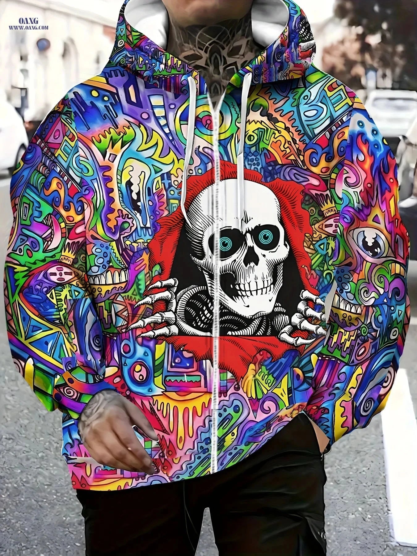 Men's Skull Design Zip-Up Hoodie - Casual Outdoor Jacket for Fall   OAXG Mixed colors / FR M