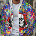 Men's Skull Design Zip-Up Hoodie - Casual Outdoor Jacket for Fall   OAXG 