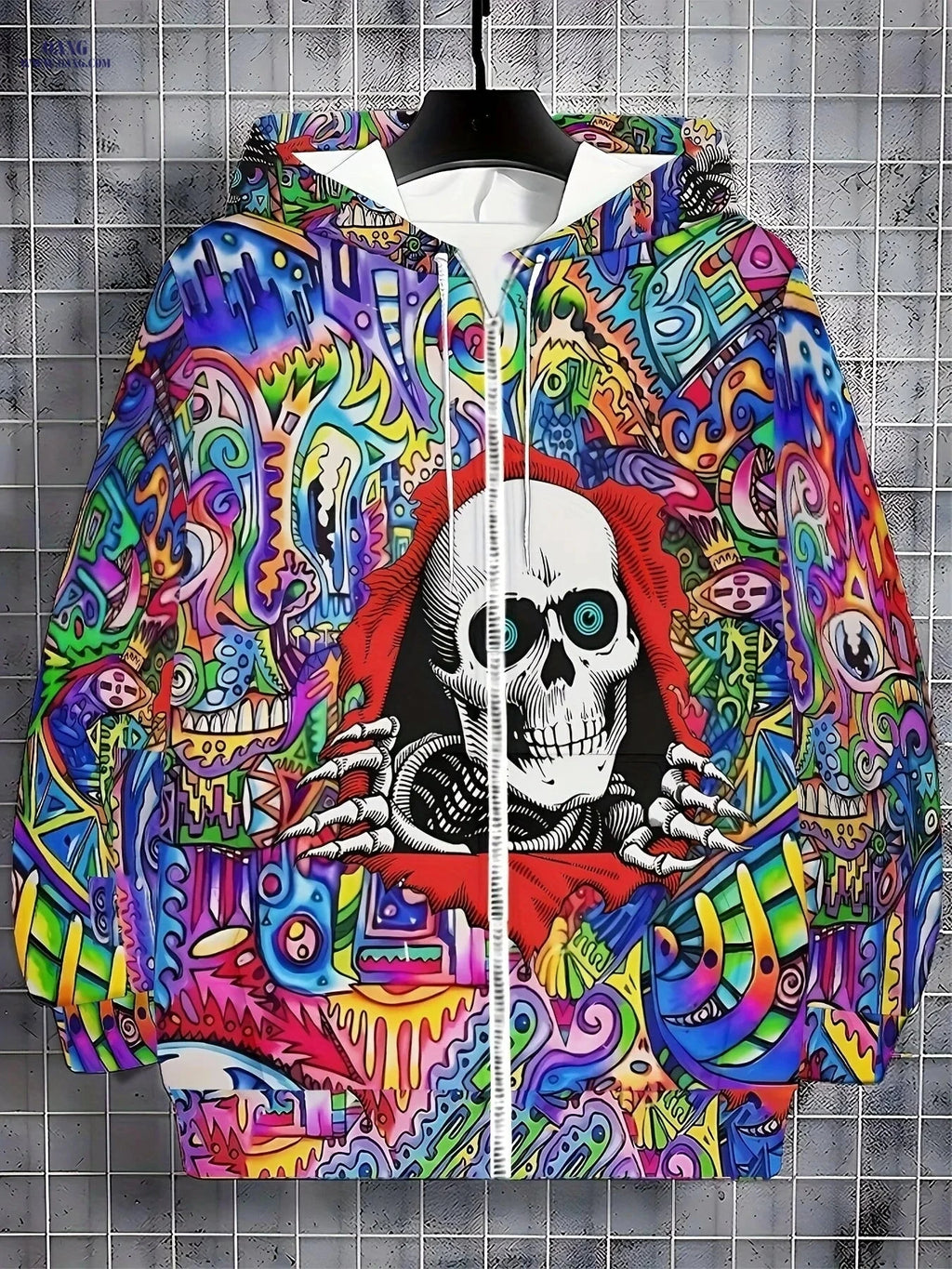 Men's Skull Design Zip-Up Hoodie - Casual Outdoor Jacket for Fall   OAXG 
