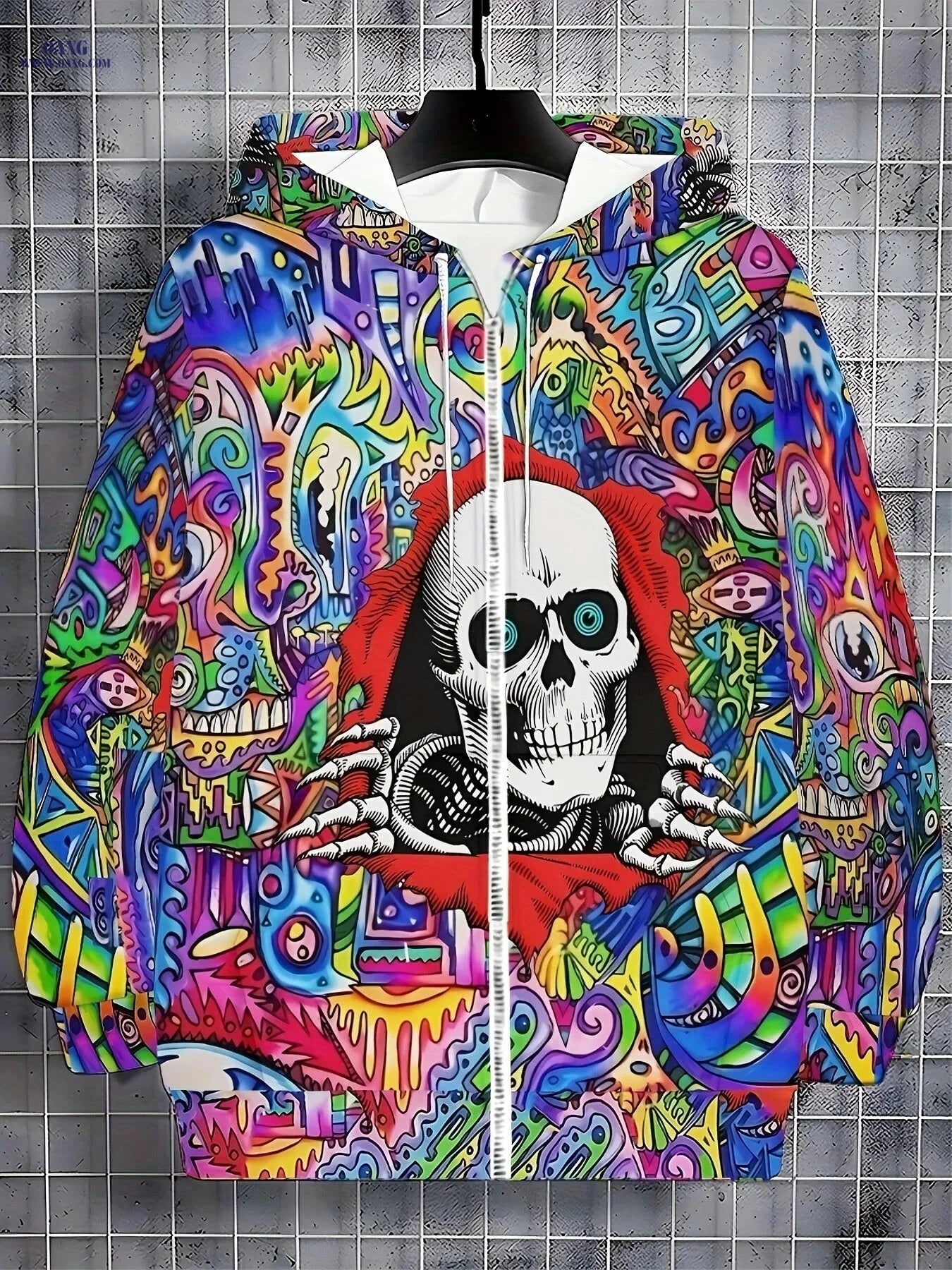 Men's Skull Design Zip-Up Hoodie - Casual Outdoor Jacket for Fall   OAXG 