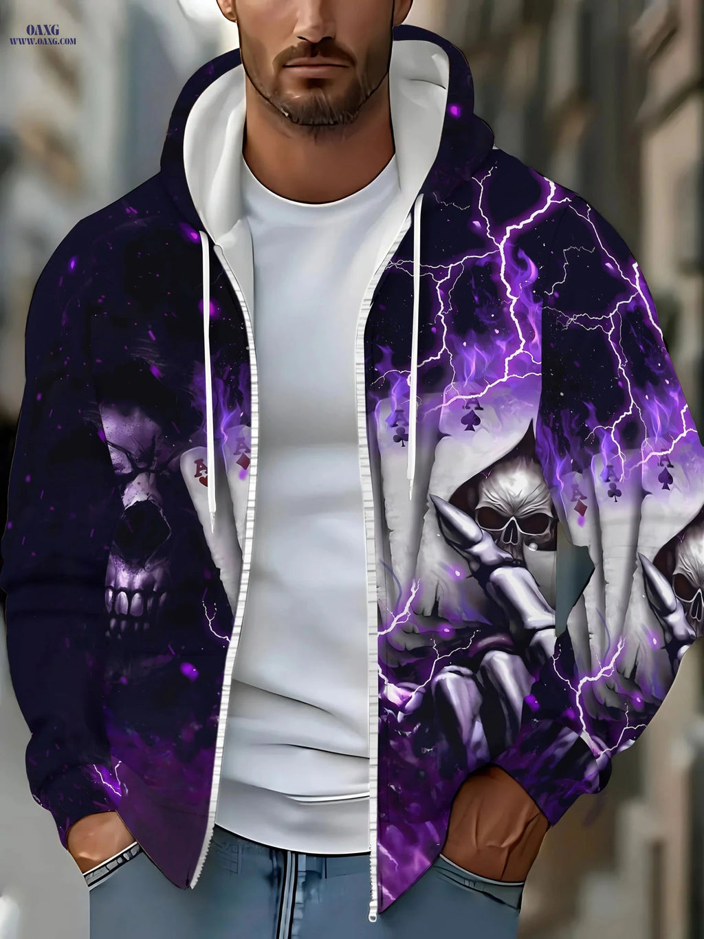 Men's Skull Design Zip-Up Hoodie - Casual Wear for Autumn & Winter   OAXG 