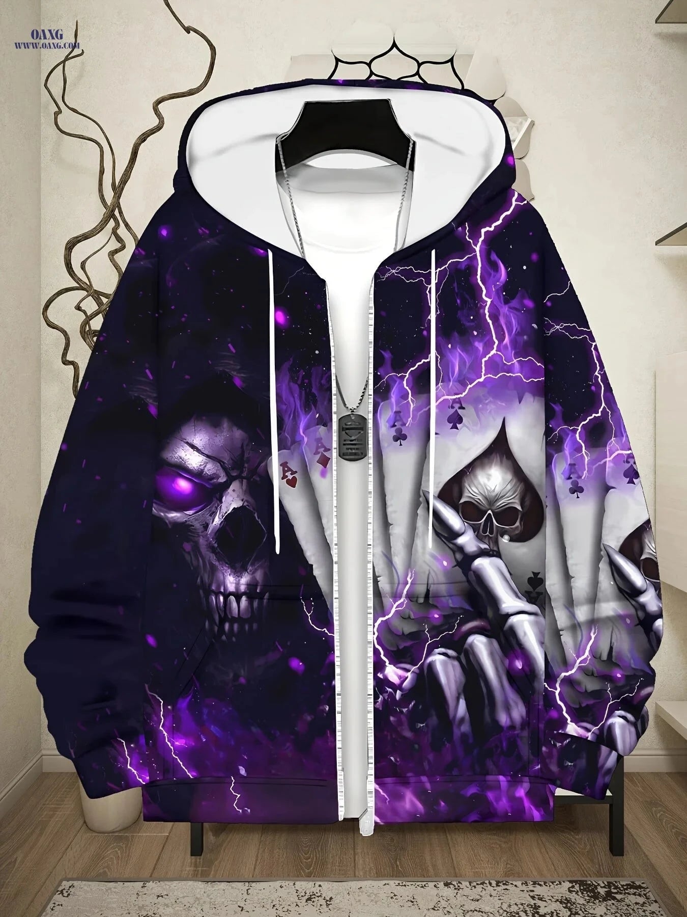Men's Skull Design Zip-Up Hoodie - Casual Wear for Autumn & Winter   OAXG Violet Blue / FR M