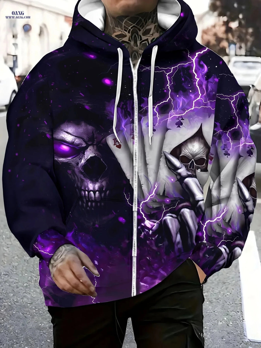 Men's Skull Design Zip-Up Hoodie - Casual Wear for Autumn & Winter   OAXG Violet Blue / FR M