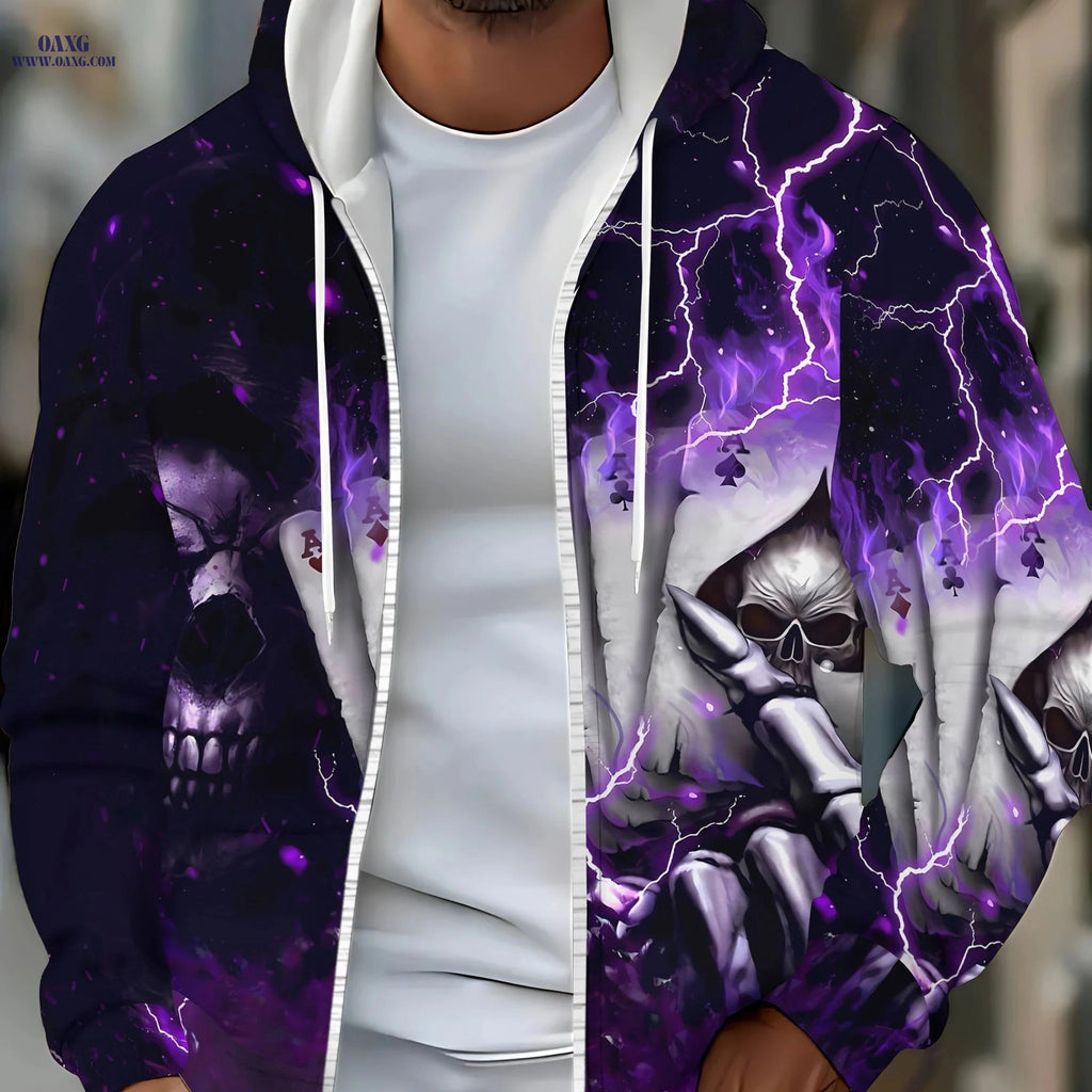 Men's Skull Design Zip-Up Hoodie - Casual Wear for Autumn & Winter   OAXG Violet Blue / FR M