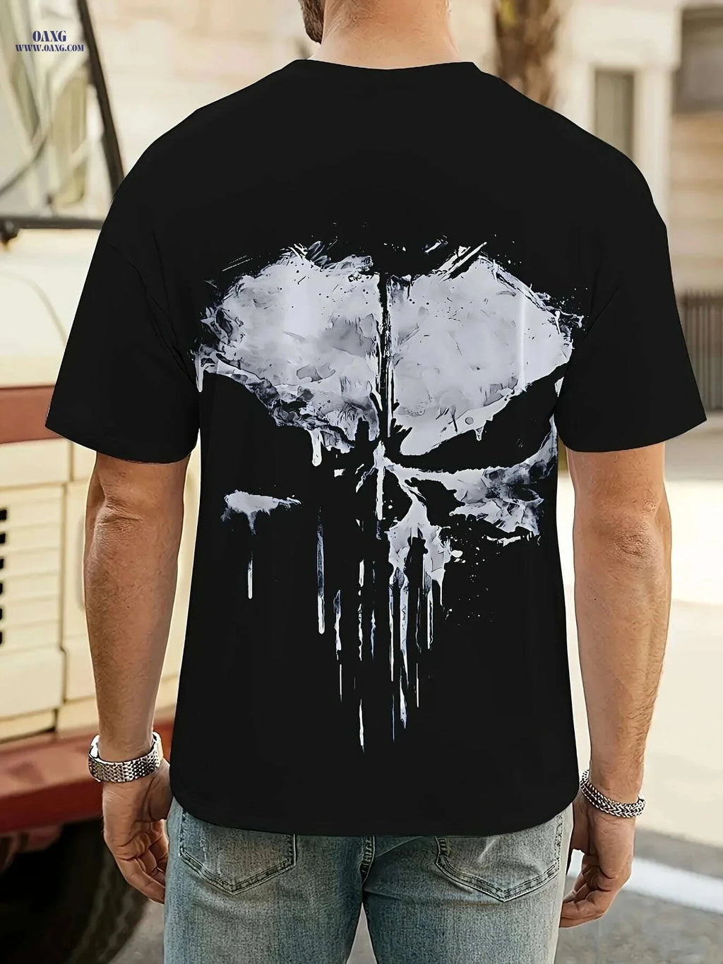 Men's Skull Graphic T-Shirt - Black Crewneck Casual Summer Tee   OAXG Black / S