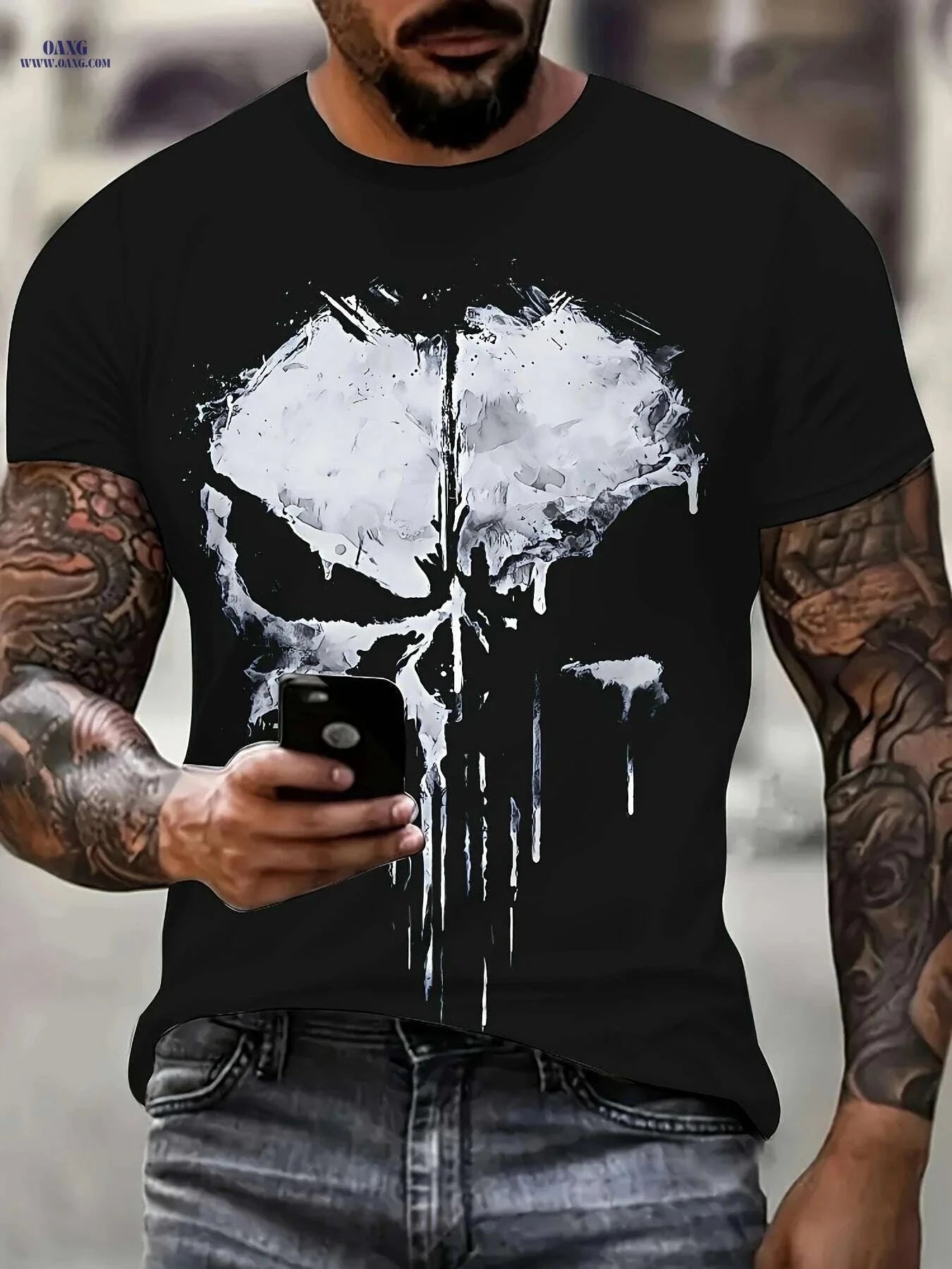 Men's Skull Graphic T-Shirt - Black Crewneck Casual Summer Tee   OAXG Black / S