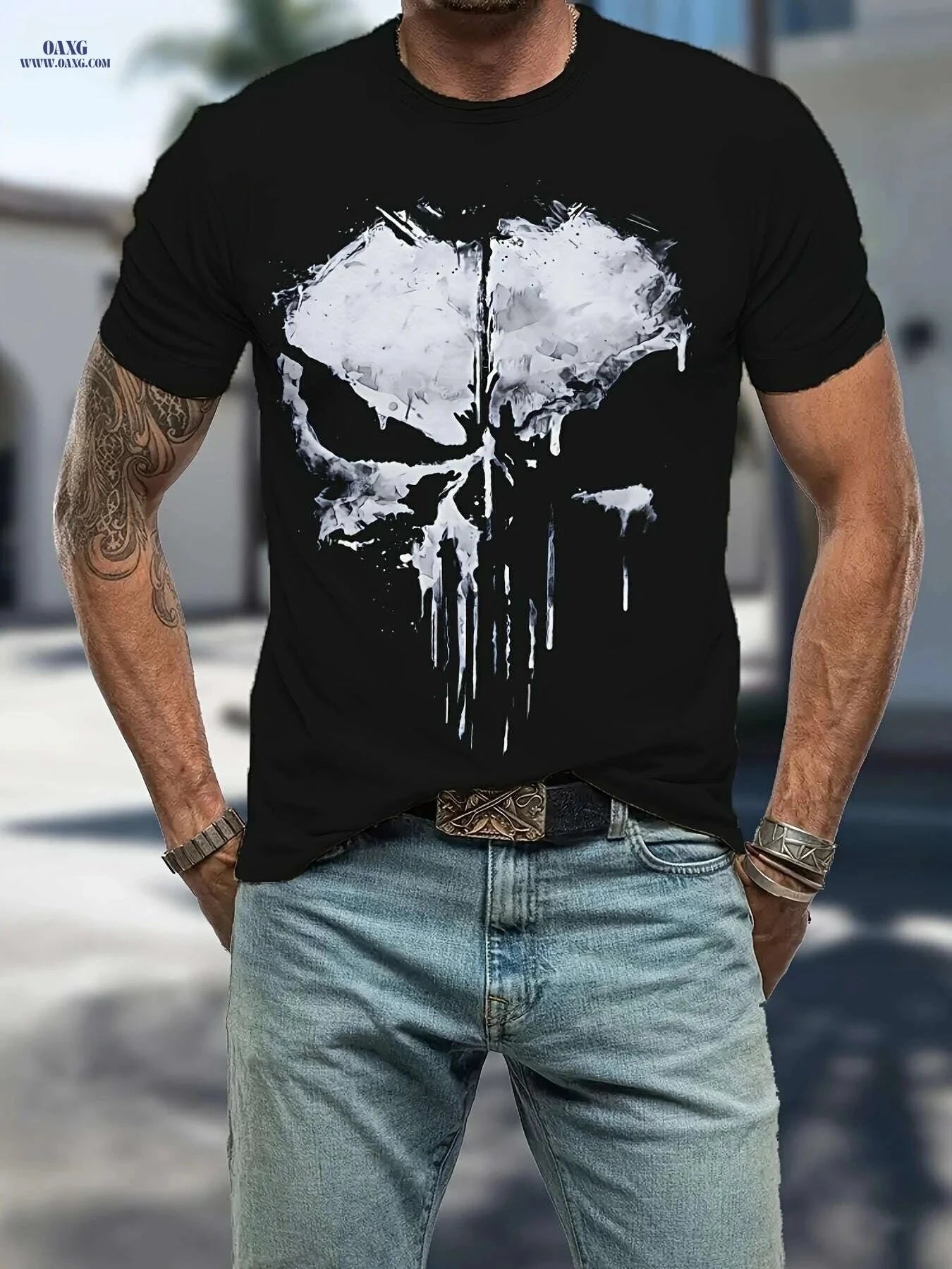 Men's Skull Graphic T-Shirt - Black Crewneck Casual Summer Tee   OAXG 