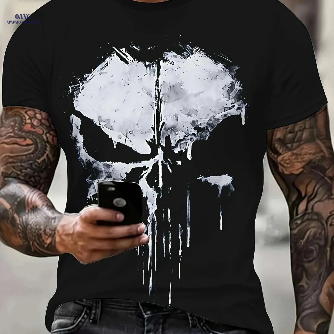 Men's Skull Graphic T-Shirt - Black Crewneck Casual Summer Tee   OAXG 