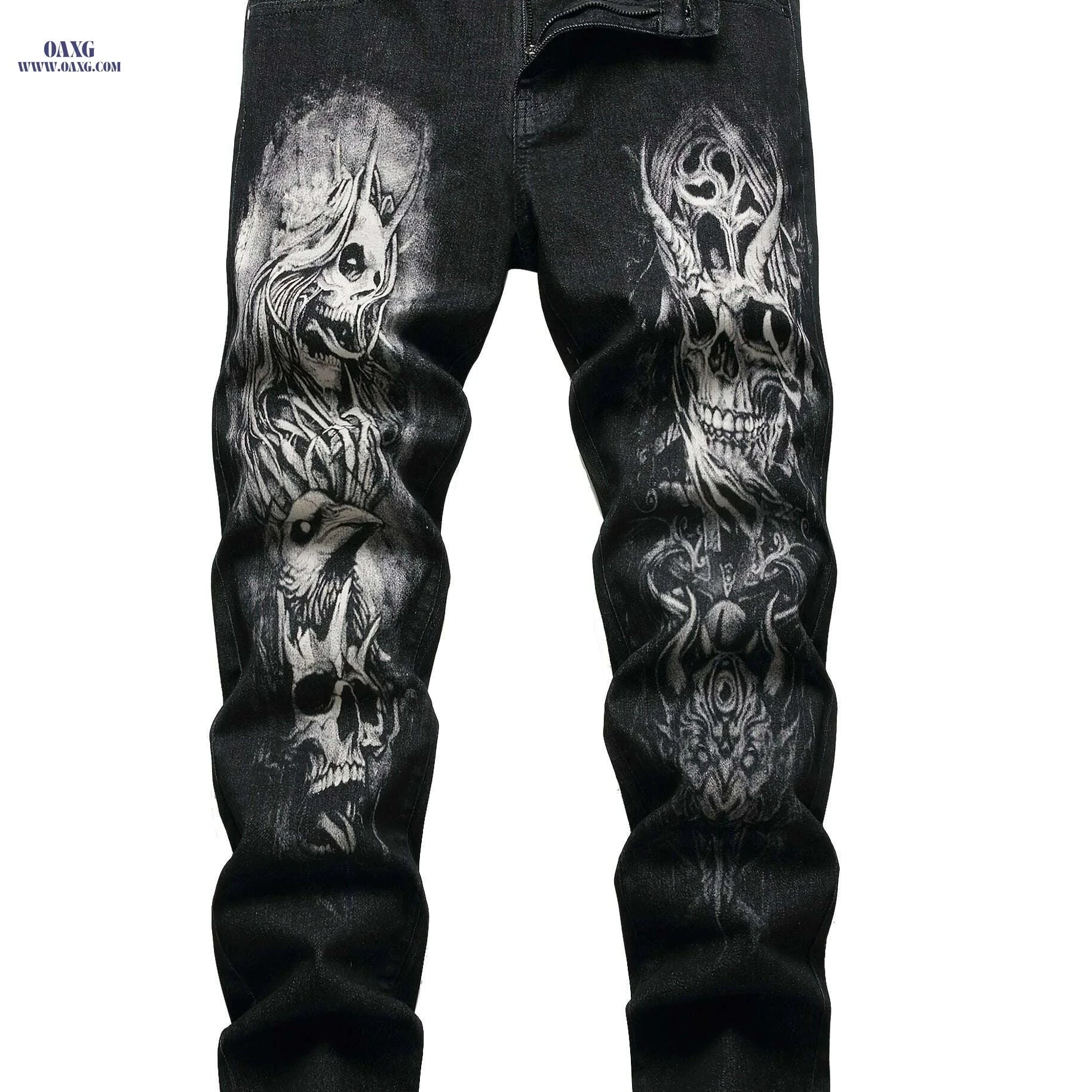 Men's Skull Print Jeans - Slim Fit, All-Season Cotton Blend   OAXG Black / 30