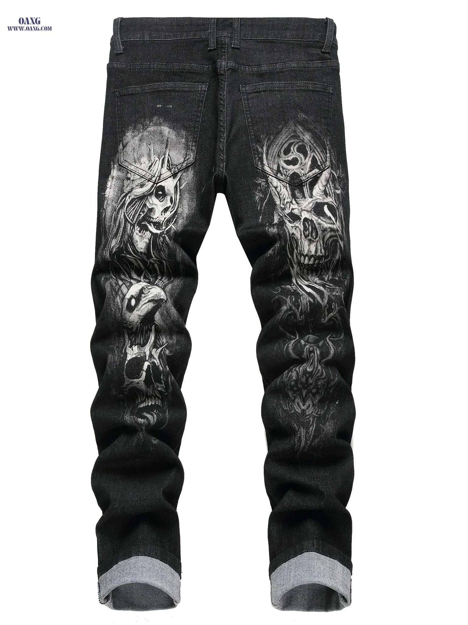 Men's Skull Print Jeans - Slim Fit, All-Season Cotton Blend   OAXG 