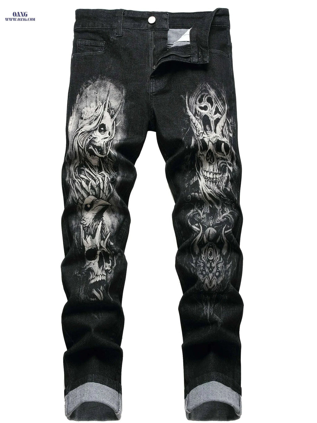 Men's Skull Print Jeans - Slim Fit, All-Season Cotton Blend   OAXG 