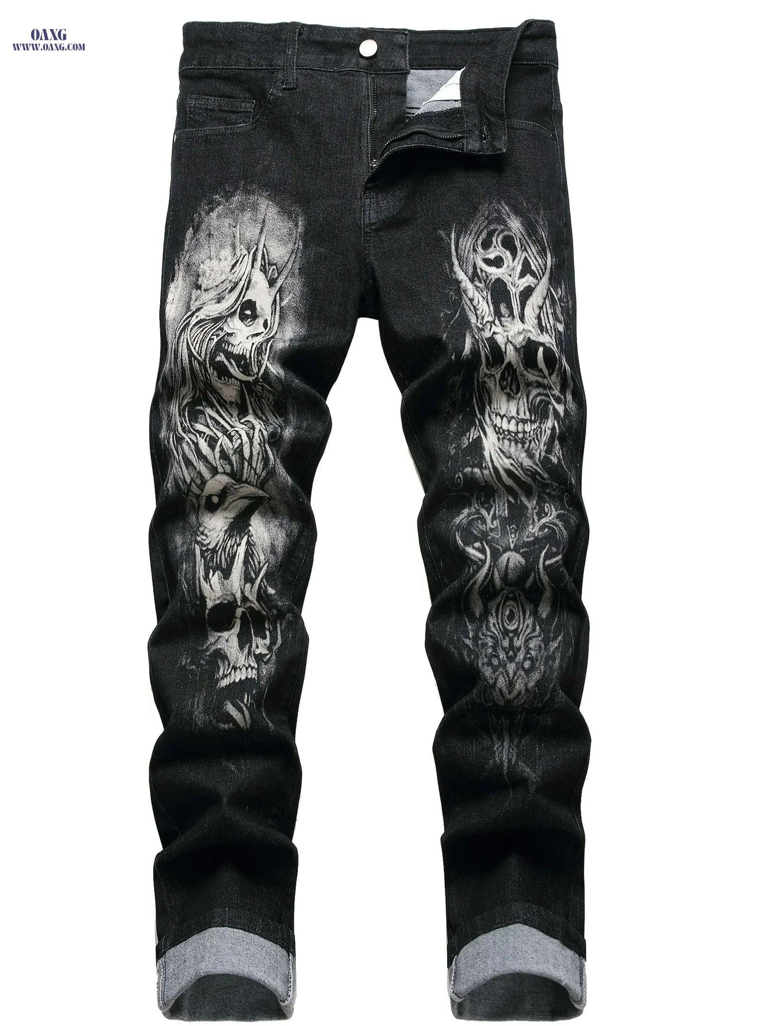 Men's Skull Print Jeans - Slim Fit, All-Season Cotton Blend   OAXG 