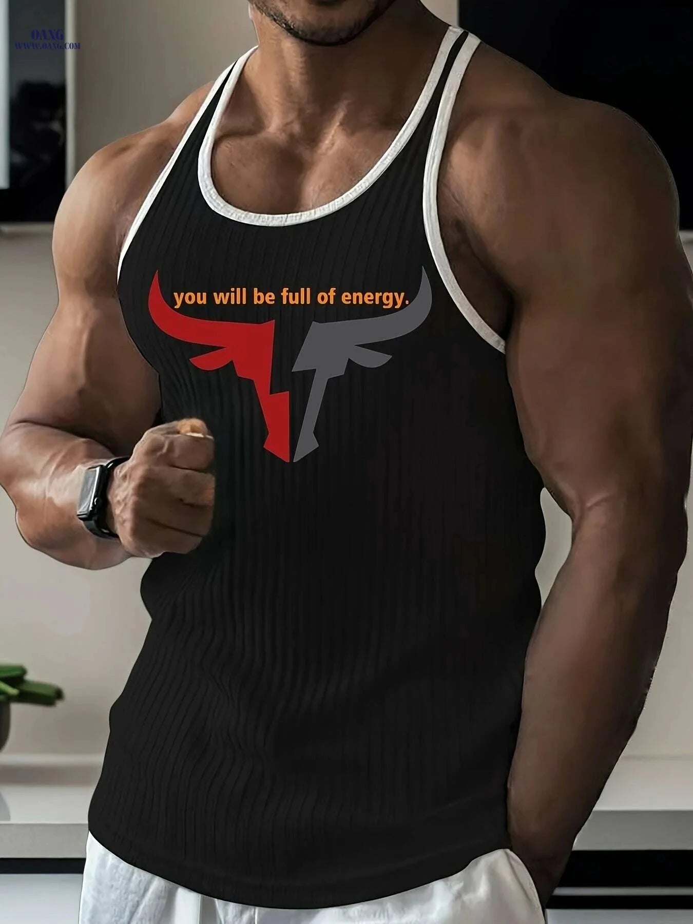 Men's Sleeveless Gym Vest - Lightweight Polyester with Bold Bull Logo   OAXG 
