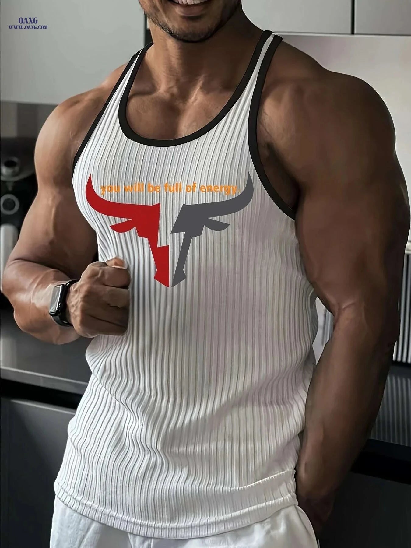 Men's Sleeveless Gym Vest - Lightweight Polyester with Bold Bull Logo   OAXG White / S
