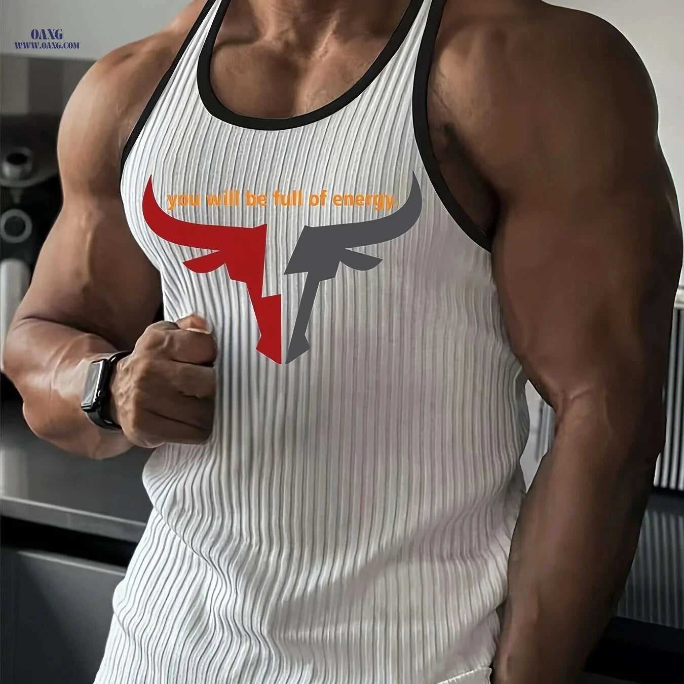 Men's Sleeveless Gym Vest - Lightweight Polyester with Bold Bull Logo   OAXG White / S